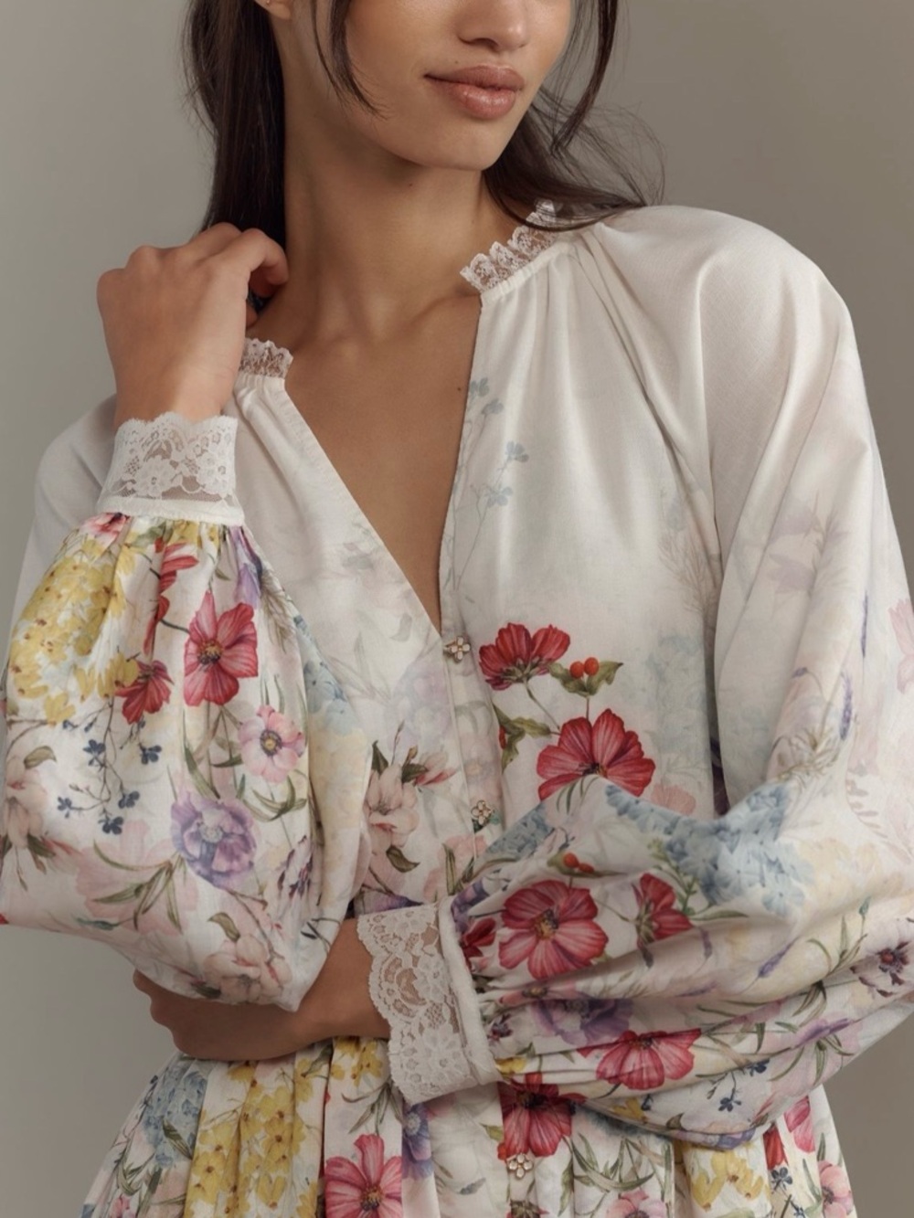 Anthropologie Let Me Be Long-Sleeve V-Neck Floral A-Line Midi Dress